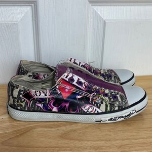Ed Hardy Women's Purple and Black Canvas Sneakers women’s size 8 tattoo art